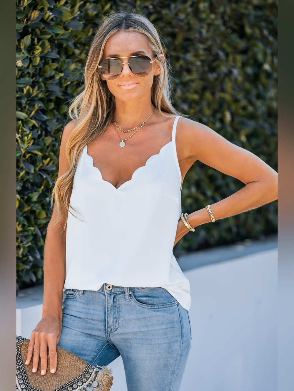 Cupshe:  Scalloped V-Neck White Cami Tank Top - Women